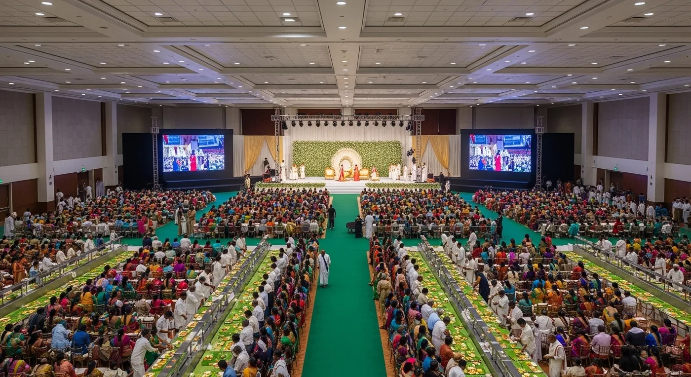 Traditional Coimbatore wedding banana leaf feast with multiple courses