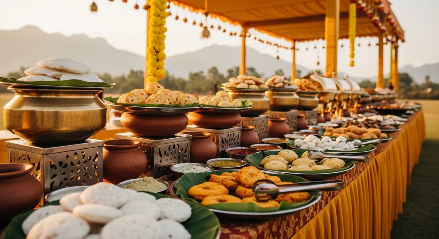 Multi-cuisine wedding buffet setup with live counters at a Coimbatore reception