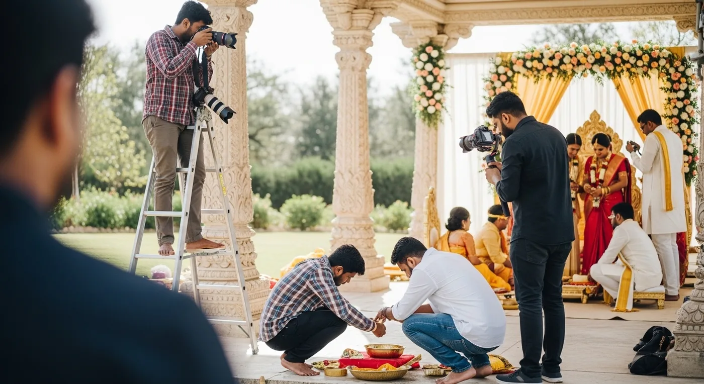 Wedding photography team setting up at a Coimbatore convention centre