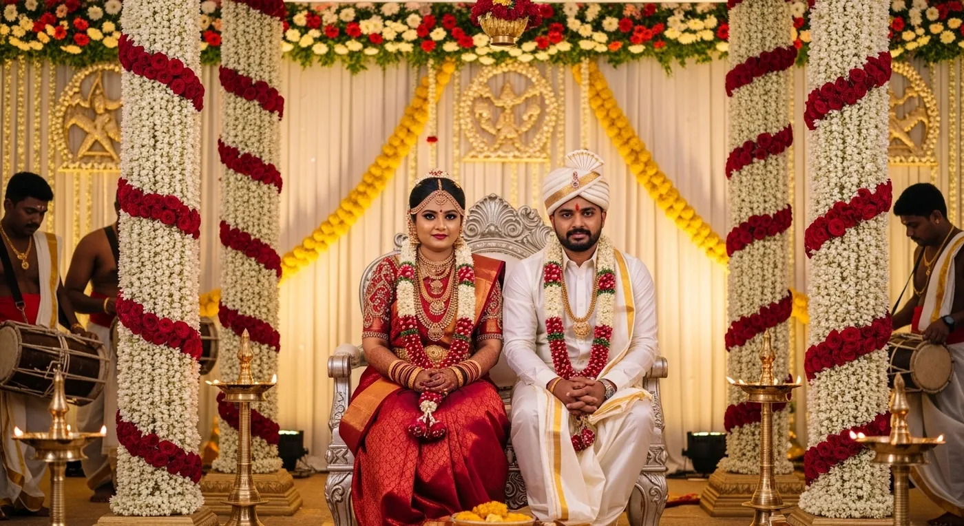Traditional Kongu wedding ceremony at a Coimbatore marriage hall with nadaswaram musicians and floral mandapam