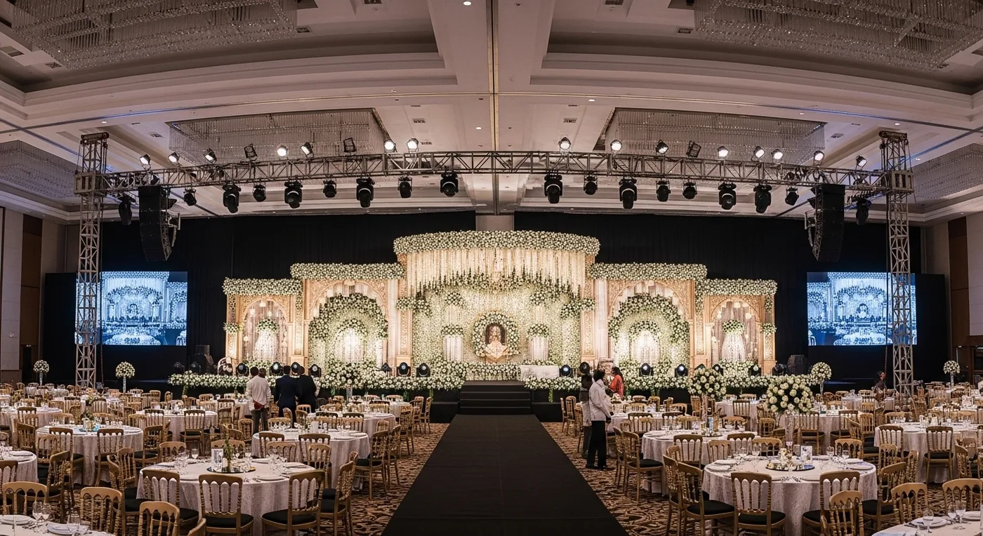Coimbatore wedding reception stage with contemporary floral decoration