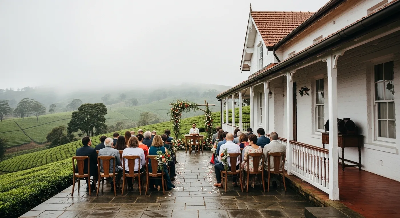 Tea plantation wedding setting at a Coonoor resort with misty Nilgiri hills