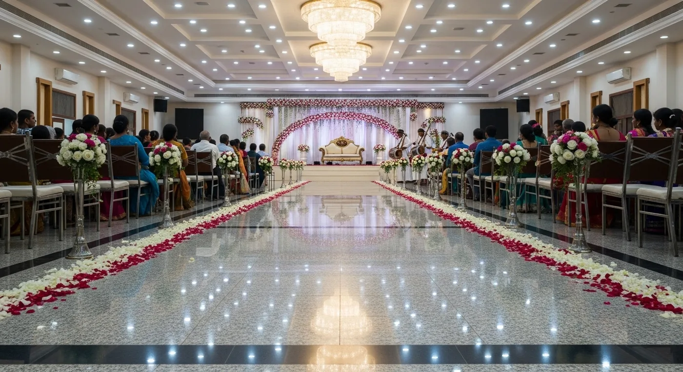 Wedding ceremony setup at a Coimbatore kalyana mandapam with traditional mandapam structure and floral decorations
