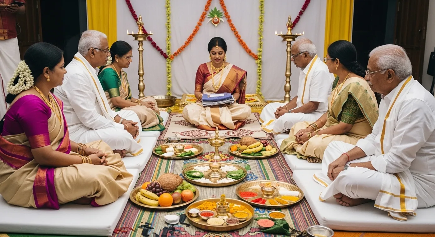 Kongu Vellalar engagement ceremony with elders examining horoscopes