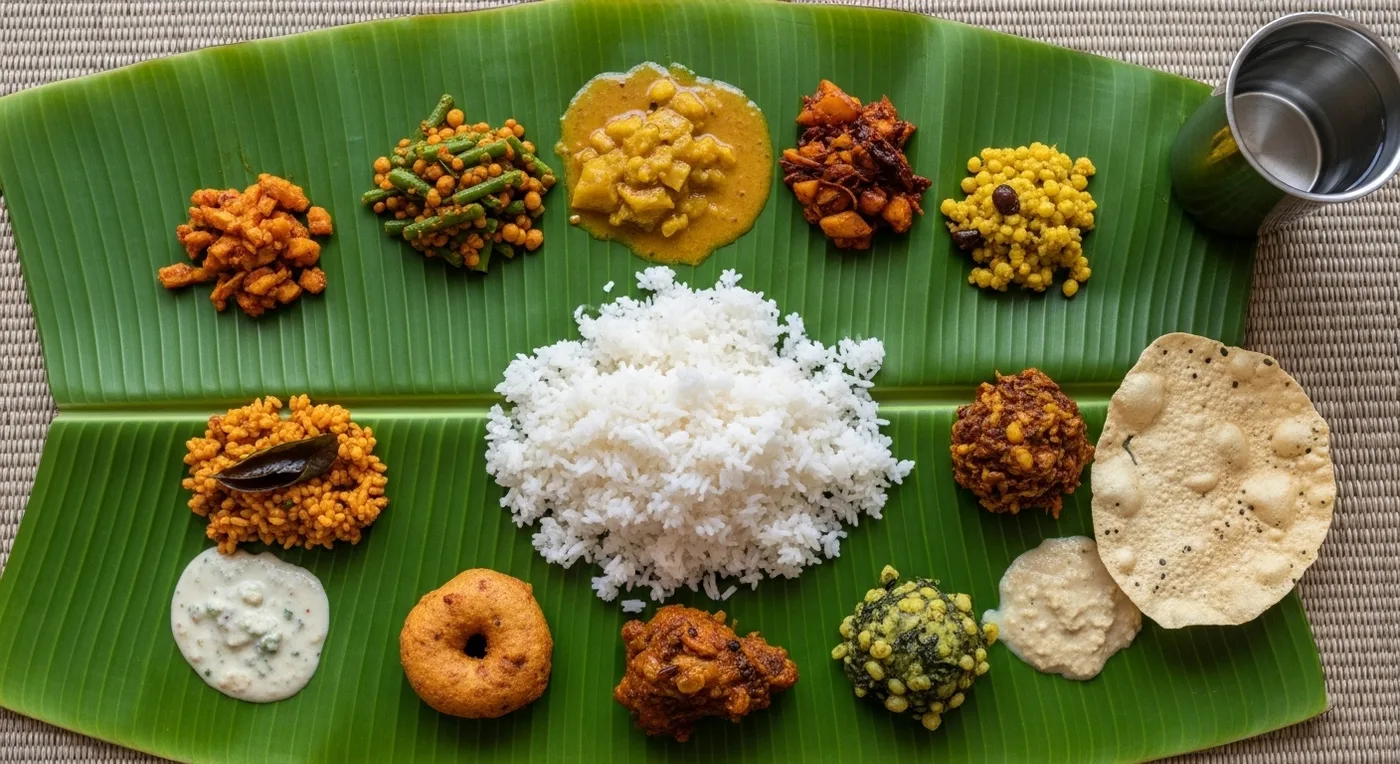 Kongu wedding banana leaf feast with arisi paruppu sadam and nattu kozhi kozhambu