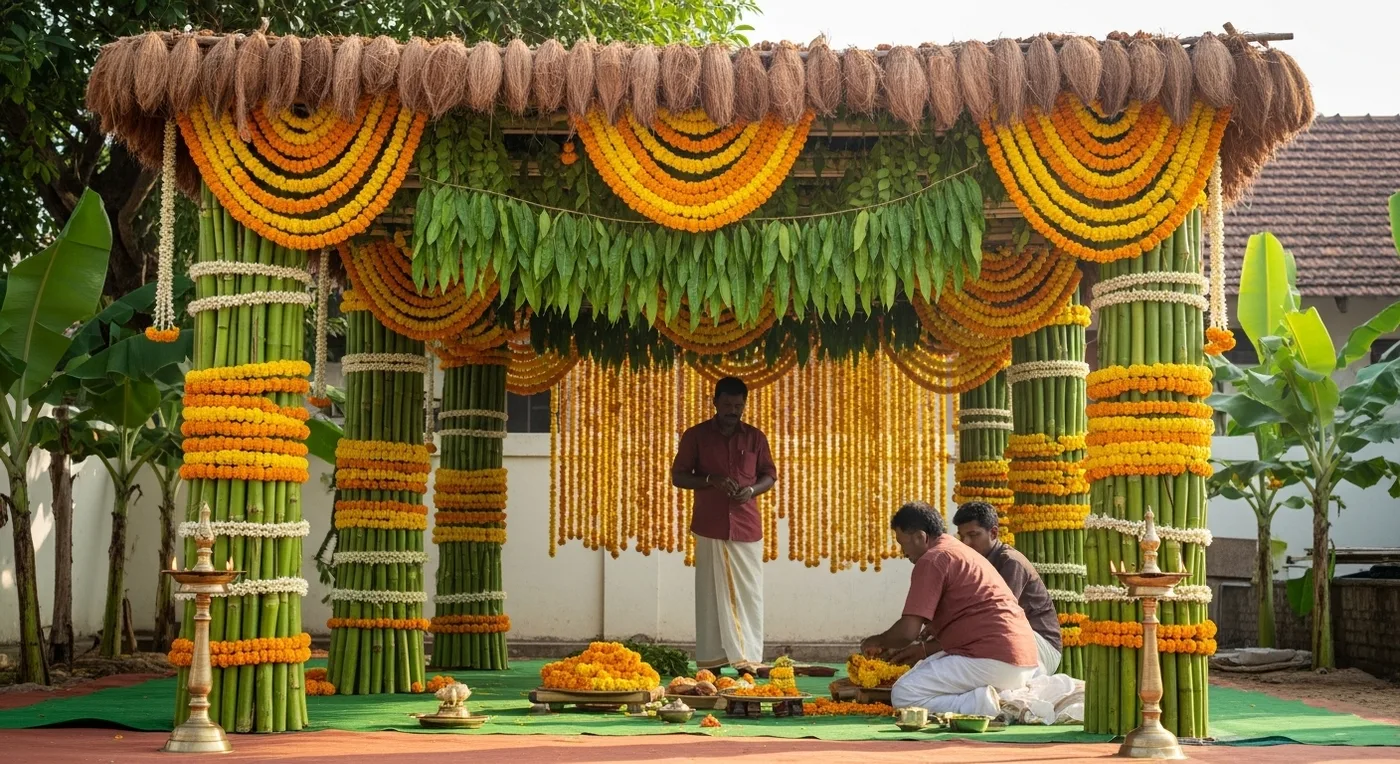 Kongu wedding pandal decoration with mango leaves and banana trunks