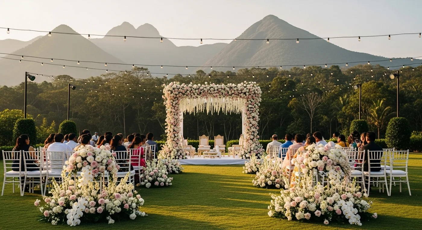 Pollachi destination wedding venue with Western Ghats mountain backdrop