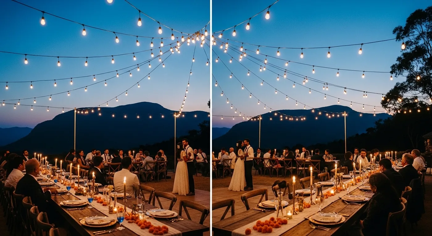Evening reception setup with string lights at a Pollachi resort with mountain silhouette