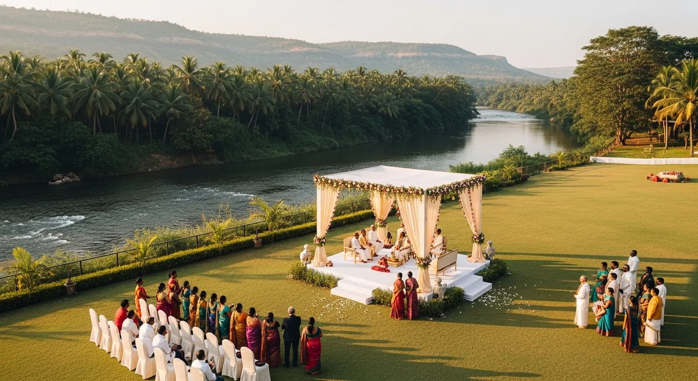 Riverside ceremony setup at a Pollachi resort with Anamalai Hills in the background