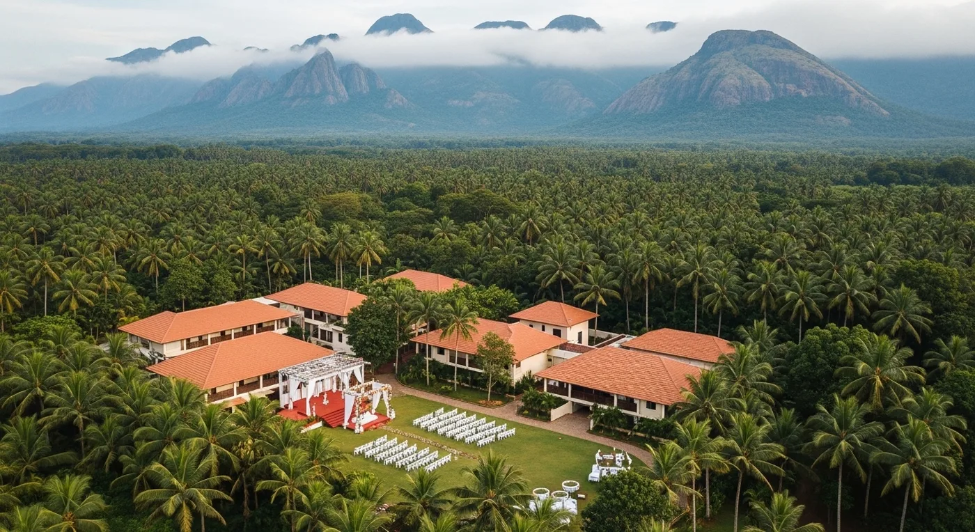 Aerial view of Western Ghats foothills near Pollachi with resort properties visible along the river