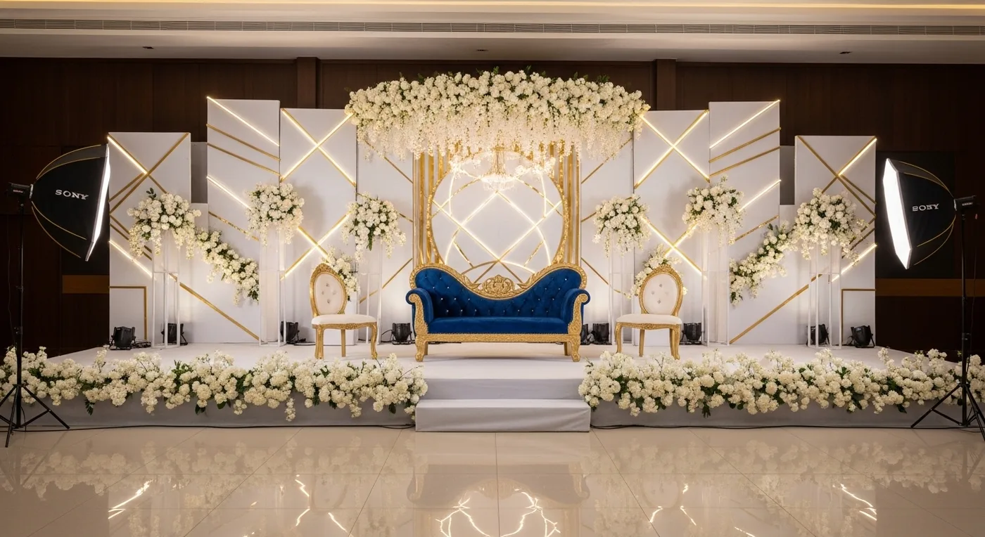 Premium marriage hall in Coimbatore with pillarless convention hall and LED stage setup for wedding reception