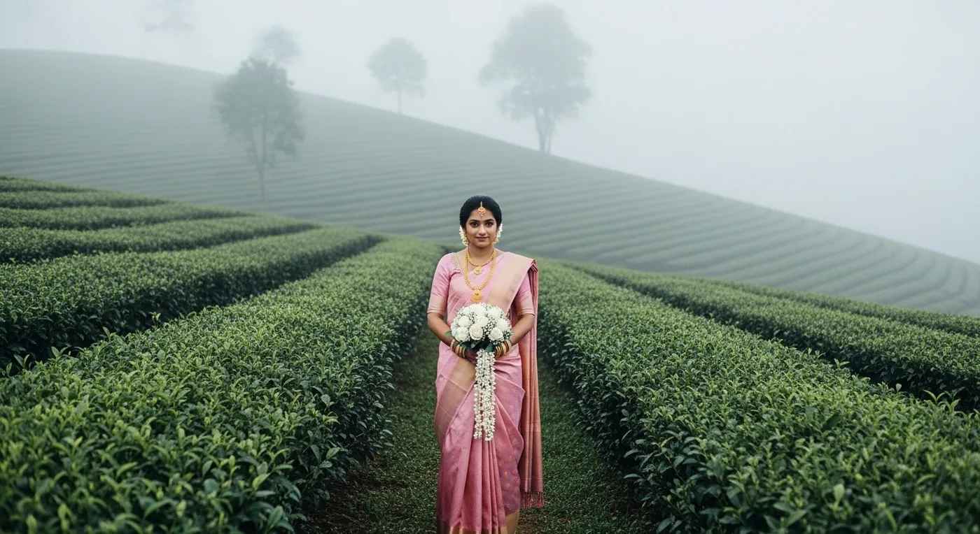 Bridal portrait in a tea plantation setting with misty hills at Valparai