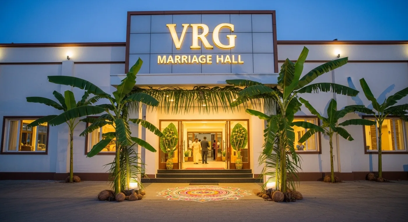 Interior of VRG Marriage Hall on Avinashi Road showing LED stage setup and AC hall with seating for wedding reception