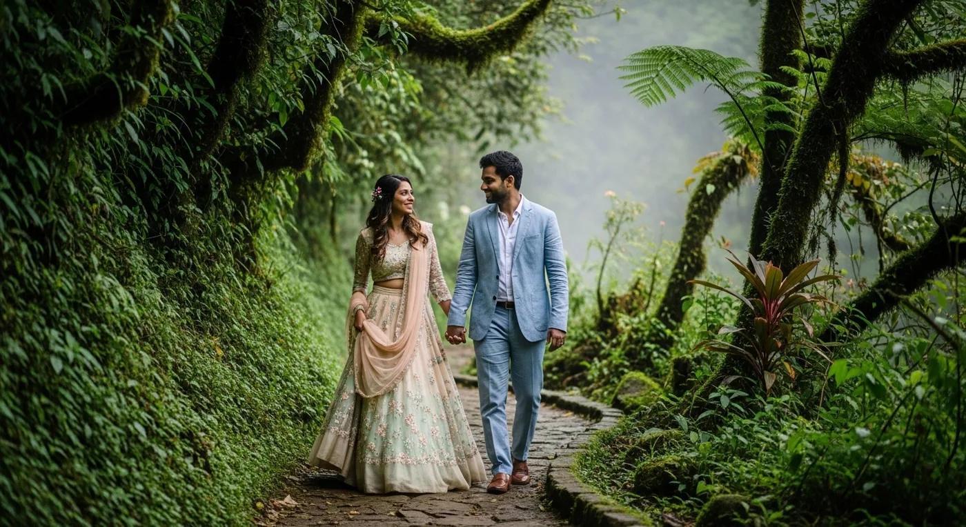 Couple walking through misty Abbey Falls pathway during pre-wedding shoot in Coorg