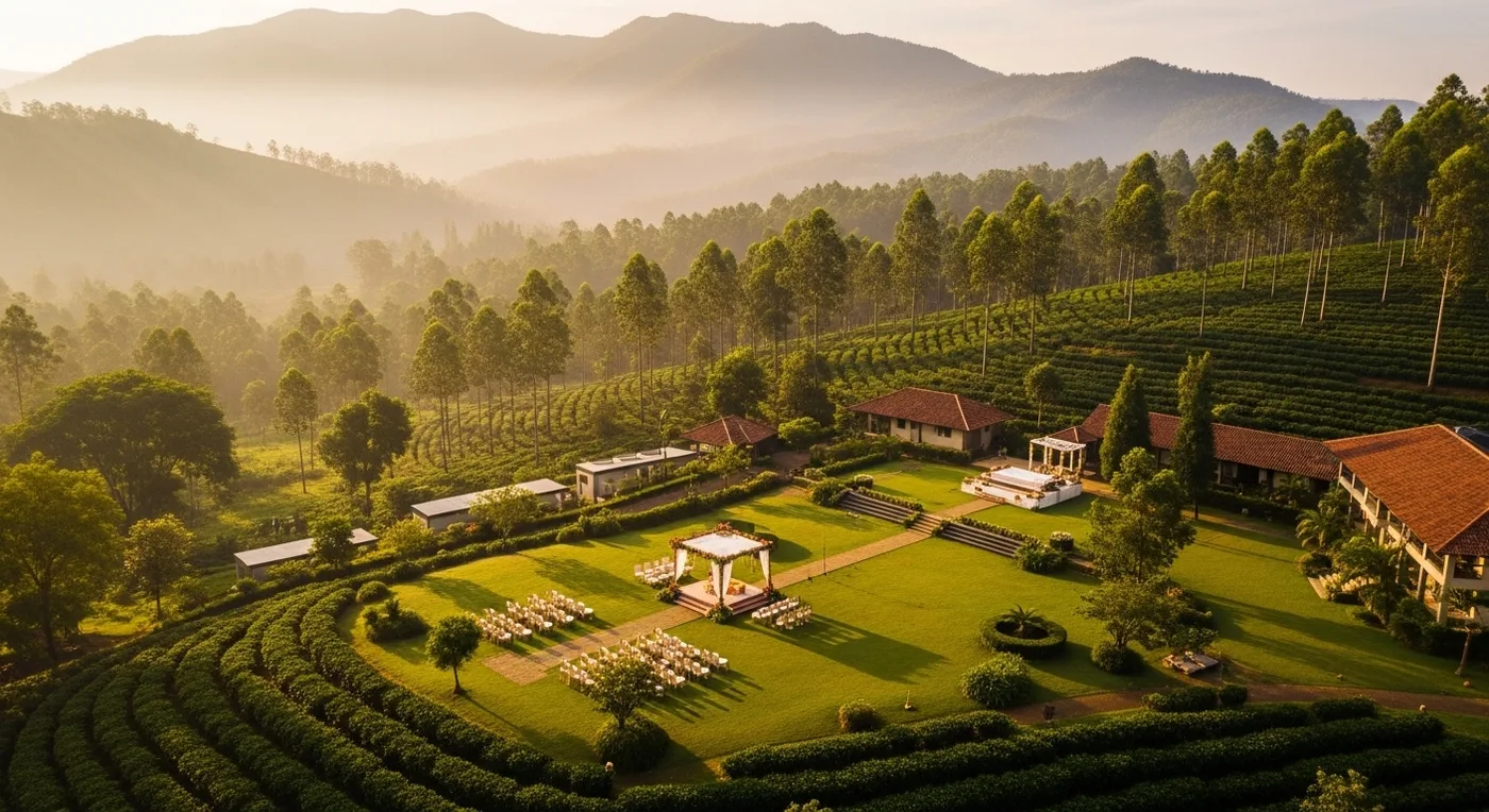 Aerial view of a luxury resort wedding venue set among Coorg coffee plantations with Western Ghats in background