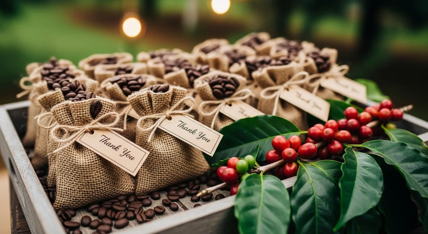 Close-up of coffee bean wedding favour and natural centrepiece at a Coorg plantation wedding