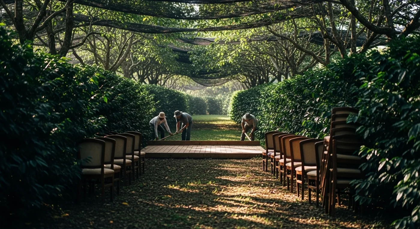 Coffee grove clearing prepared as a wedding ceremony space with mandap and seating in Coorg