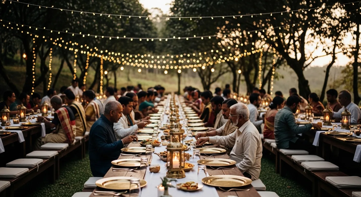 Outdoor dining setup under coffee plantation canopy with long tables and lanterns in Coorg