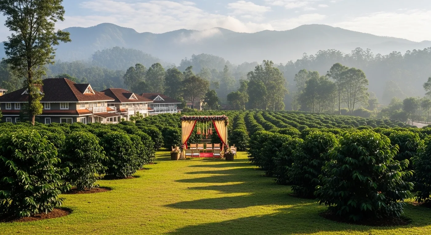 Coorg coffee plantation resort venue with misty mountain backdrop for comparison
