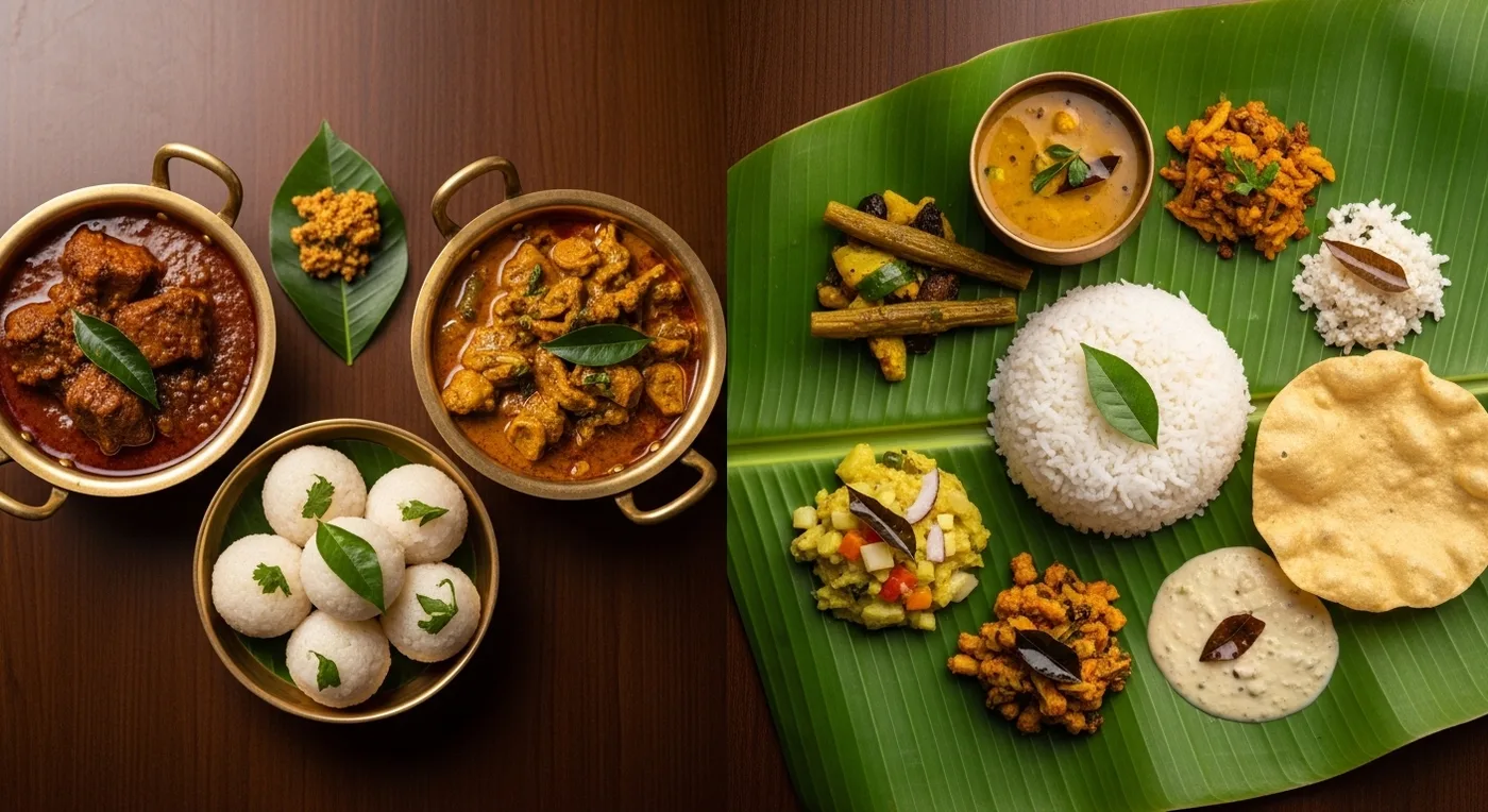 Side by side Coorg Kodava feast and Kerala sadya wedding cuisine comparison