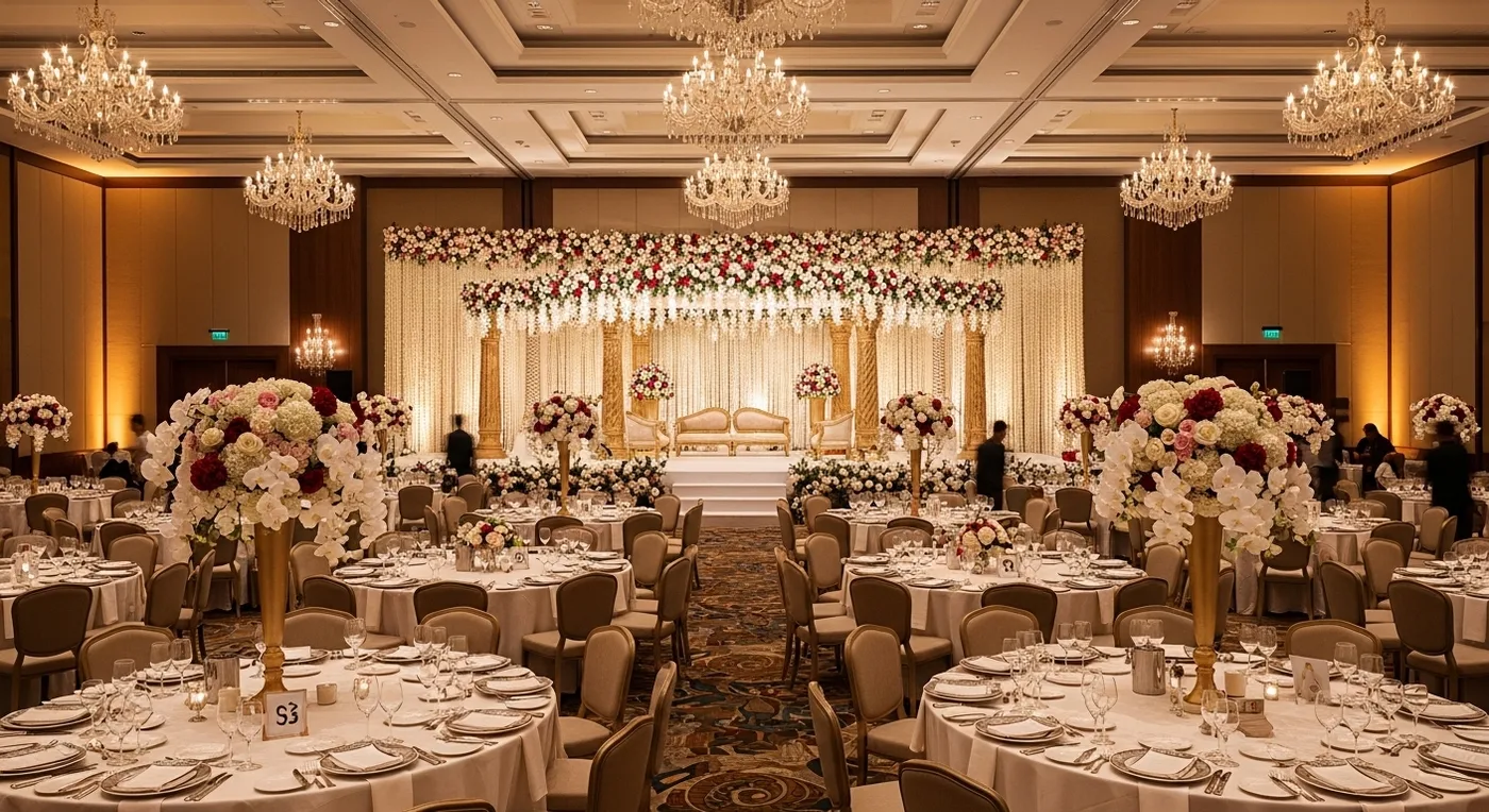 Coorg Marriott Resort grand ballroom decorated for a destination wedding