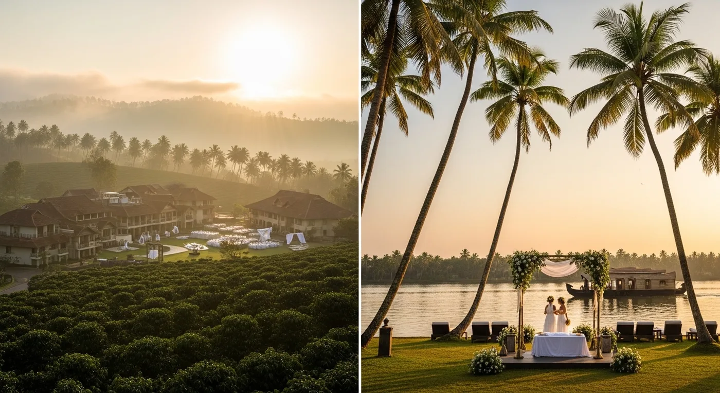 Split comparison showing a Coorg coffee plantation wedding venue on the left and a Kerala backwater wedding venue on the right