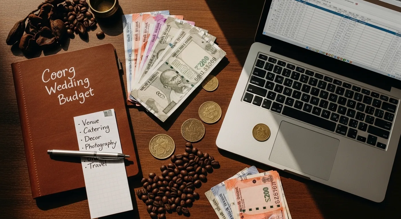 Detailed budget planning worksheet for a Coorg destination wedding with cost categories highlighted