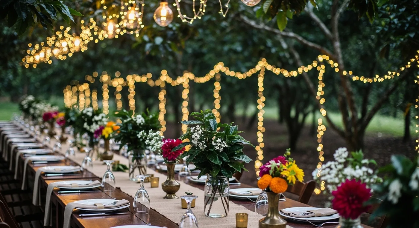 Natural coffee plantation wedding decor setup with fairy lights and local flowers in Coorg
