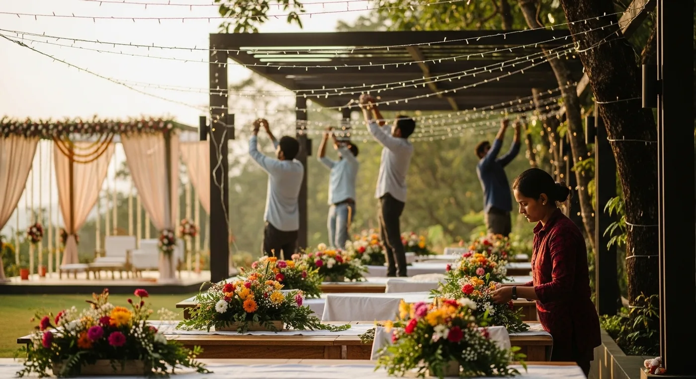 Wedding venue team making final preparations with fairy lights and decor at Coorg resort