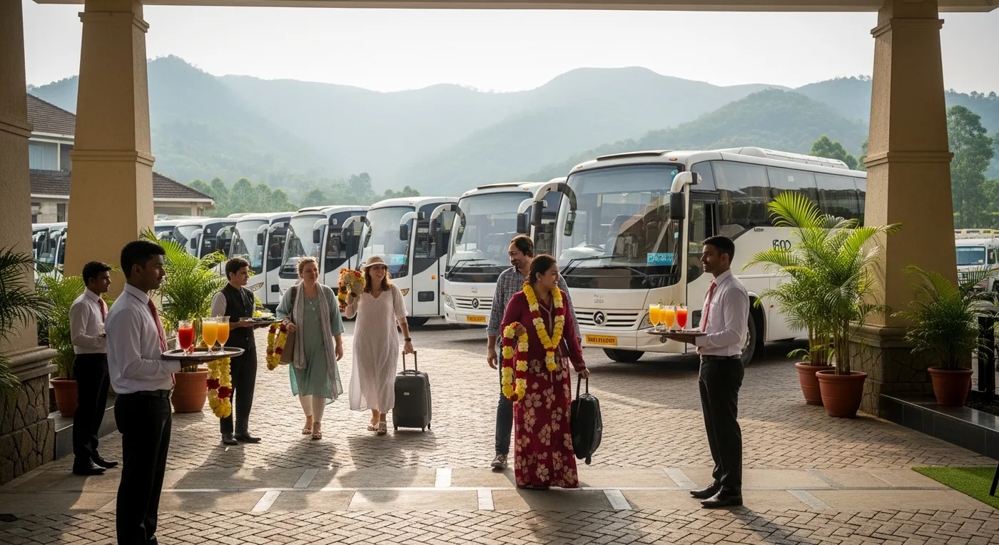 Luxury buses and tempo travellers arranged for guest transport from Bangalore to Coorg wedding