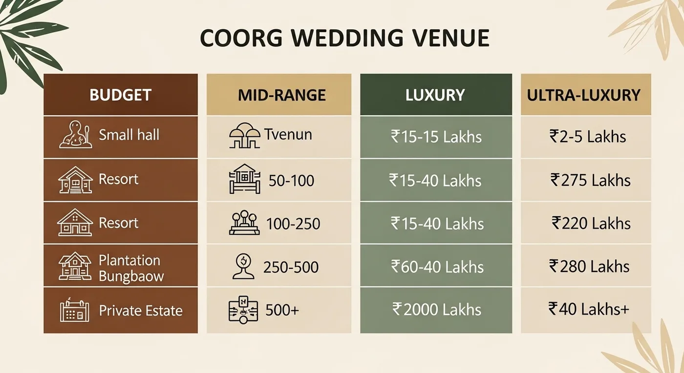 Comparison table showing Coorg wedding venue costs across luxury tiers