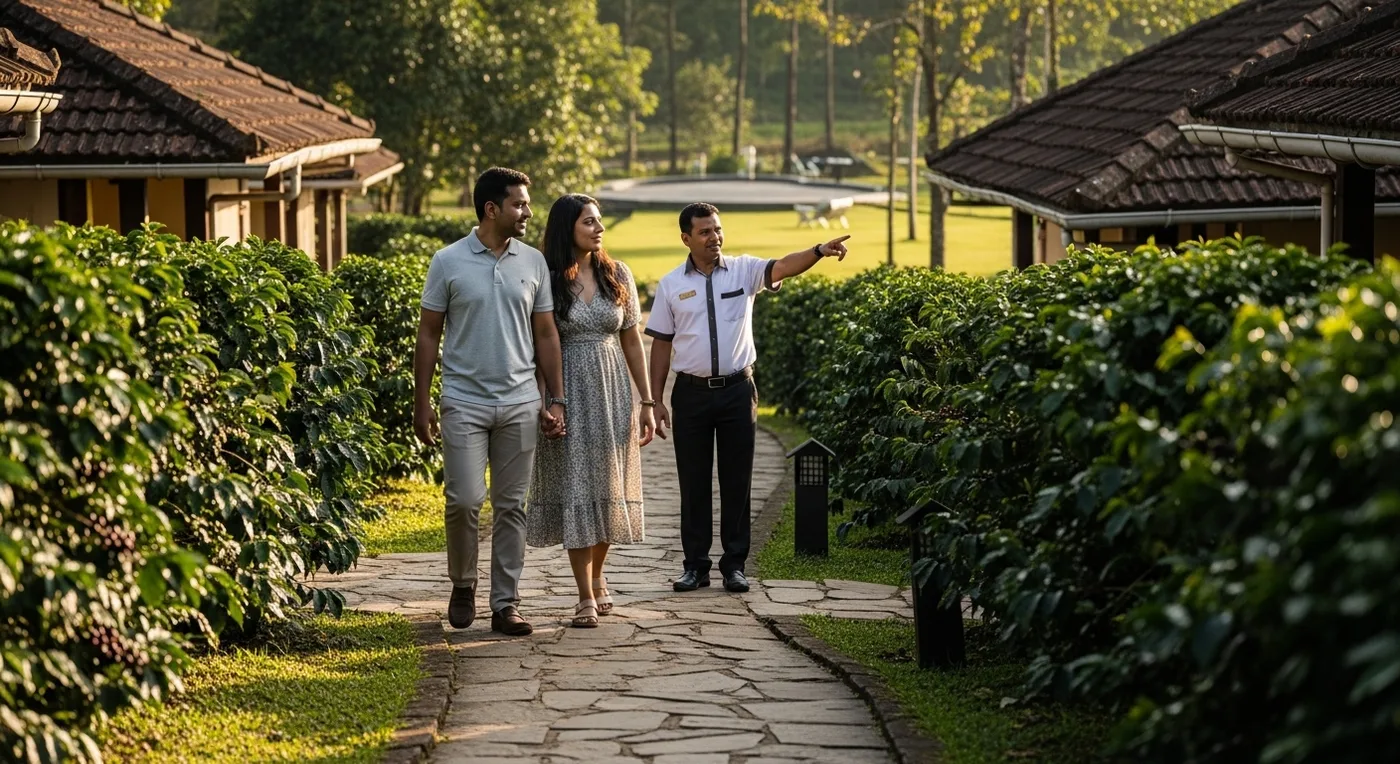 Couple touring a Coorg coffee plantation resort during wedding venue scouting visit