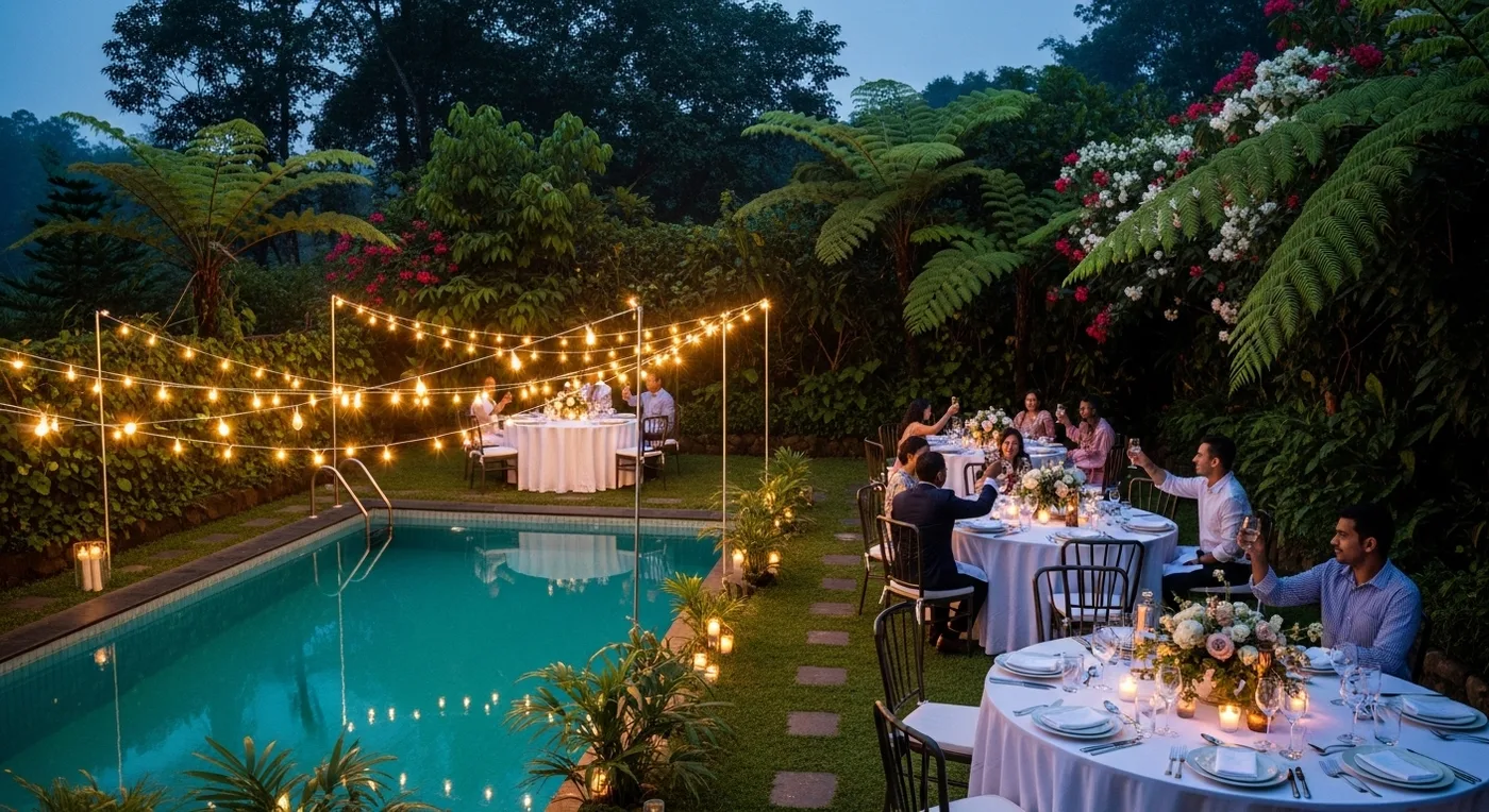 Evolve Back Coorg eco-luxury poolside wedding reception setup