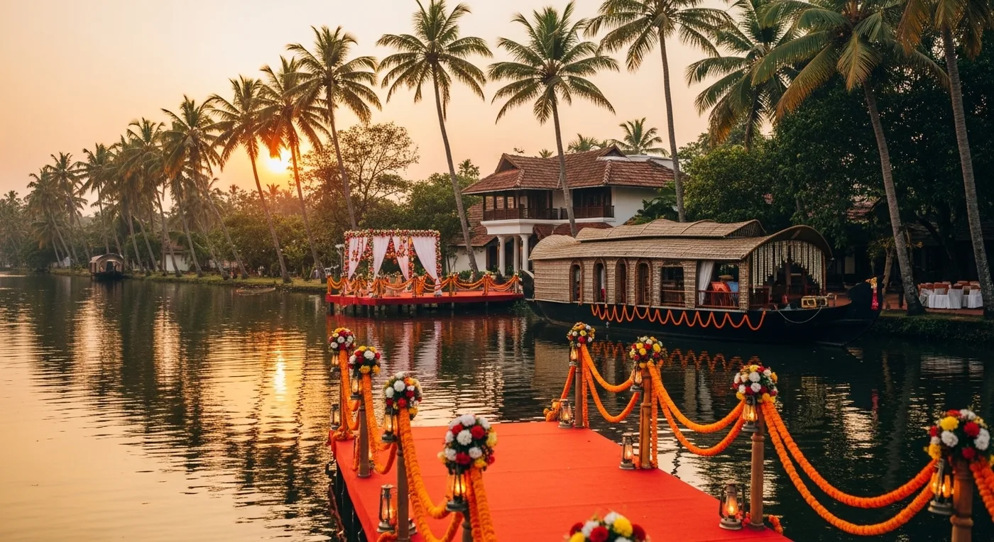 Kerala backwater resort wedding venue with houseboat and palm trees for comparison