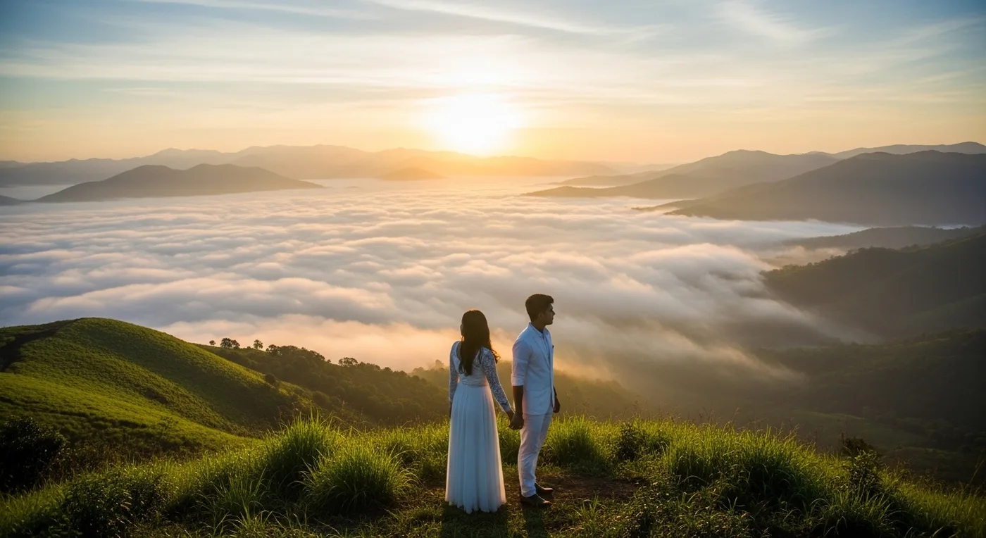 Couple above the clouds at Mandalpatti Peak during early morning pre-wedding photoshoot