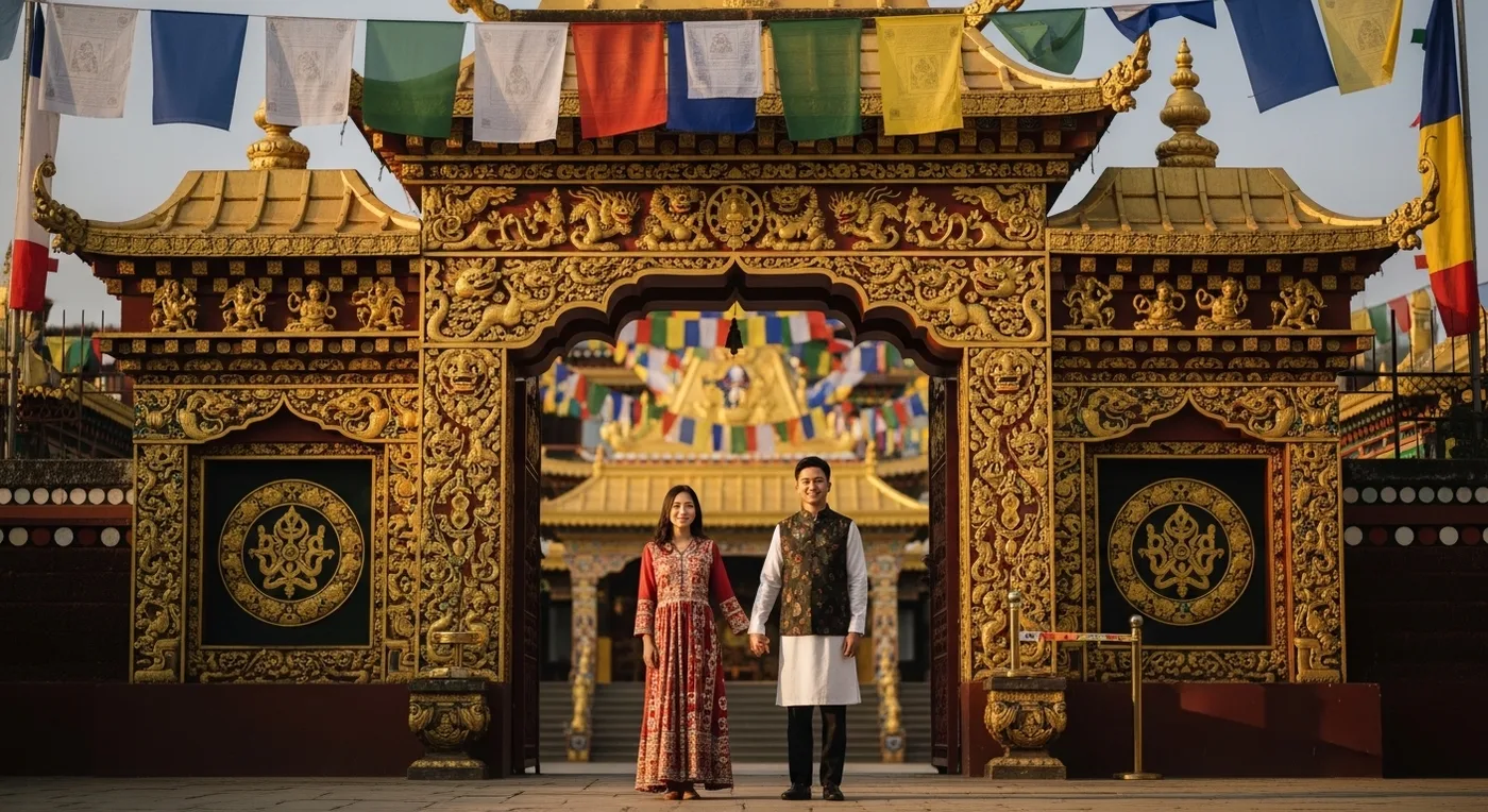 Couple posing at Namdroling Monastery Golden Temple entrance for Coorg pre-wedding shoot