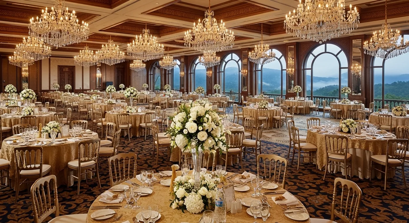 Taj Madikeri Resort and Spa wedding banquet hall with mountain views