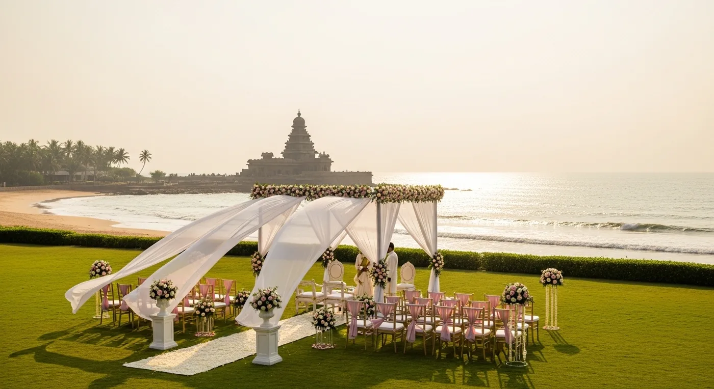 Destination wedding ceremony at a Mahabalipuram beach resort with ocean view