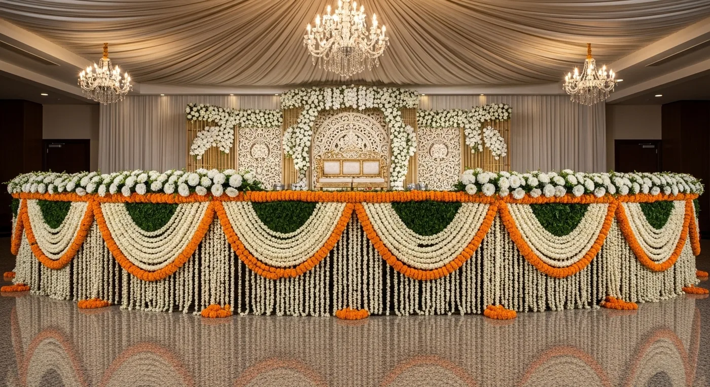 Beautifully decorated kalyana mandapam in Kanchipuram with floral mandap and traditional lighting