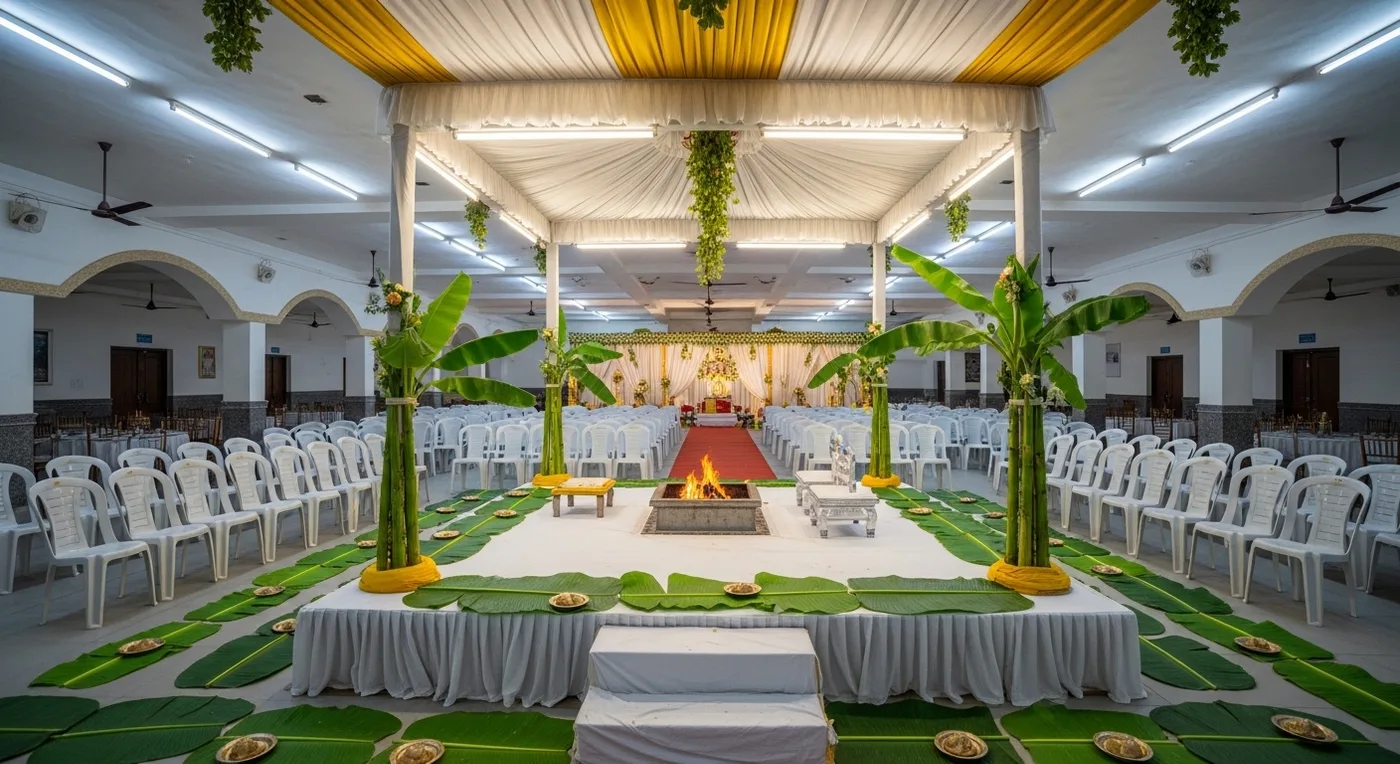 Decorated kalyana mandapam interior in Kanchipuram set up for a Tamil wedding ceremony