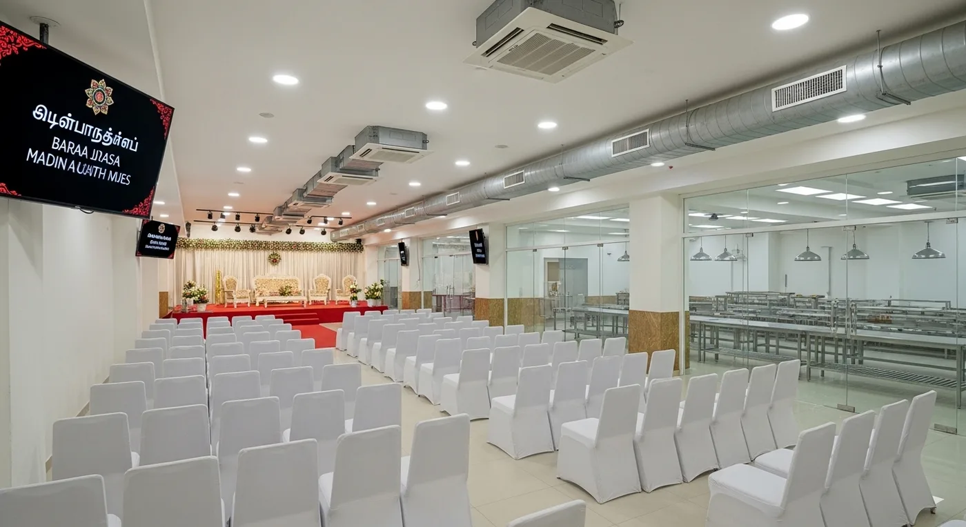 Interior of a large AC kalyana mandapam in Kanchipuram set up for a wedding ceremony
