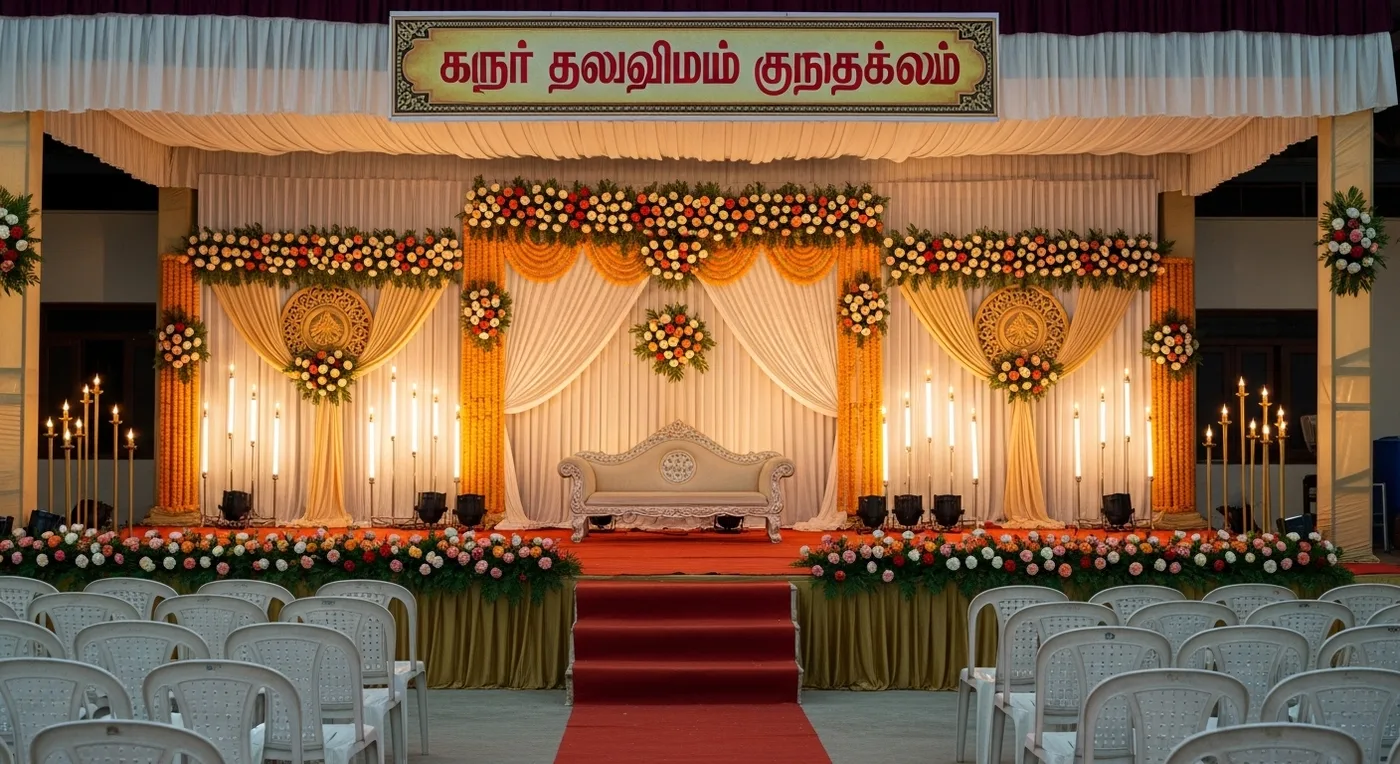 Decorated kalyana mandapam in Kanchipuram set up for a traditional Tamil wedding ceremony
