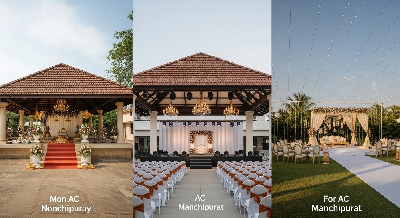 Comparison of different kalyana mandapam interiors in Kanchipuram showing AC halls and dining setups