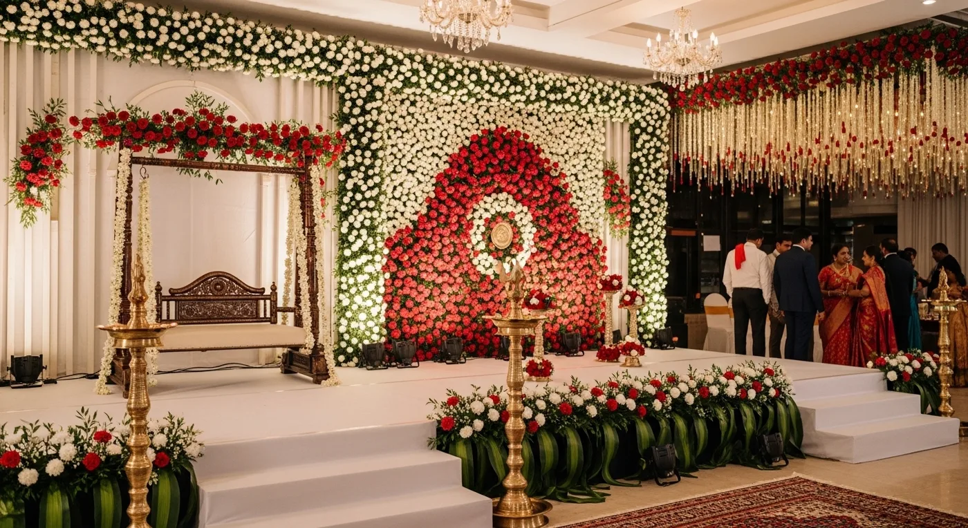 Decorated wedding mandapam in Kanchipuram with floral arrangements and traditional brass lamps
