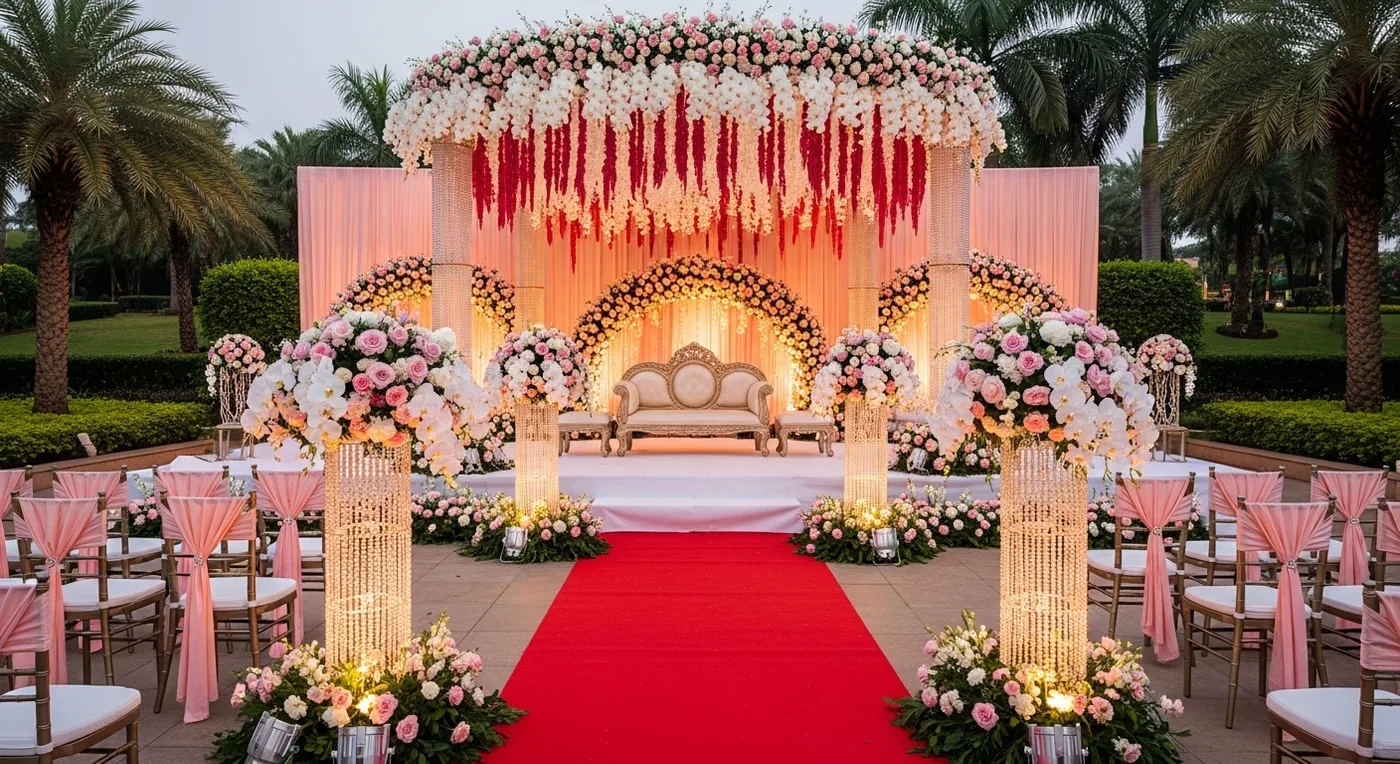 Elegantly decorated premium wedding stage with floral installations at a Kanchipuram resort venue