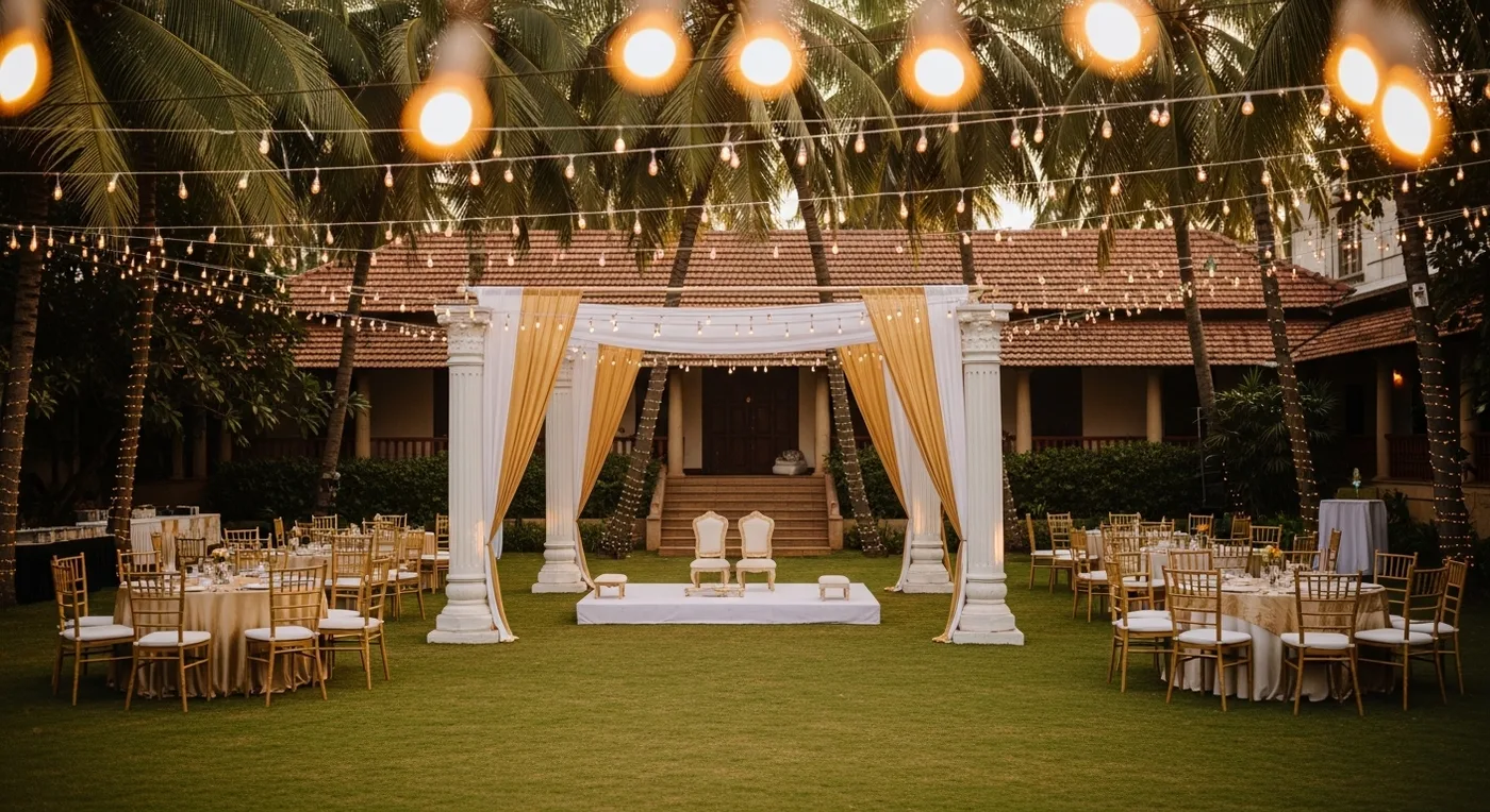 Outdoor lawn wedding venue near Kanchipuram with mandap setup and string lighting