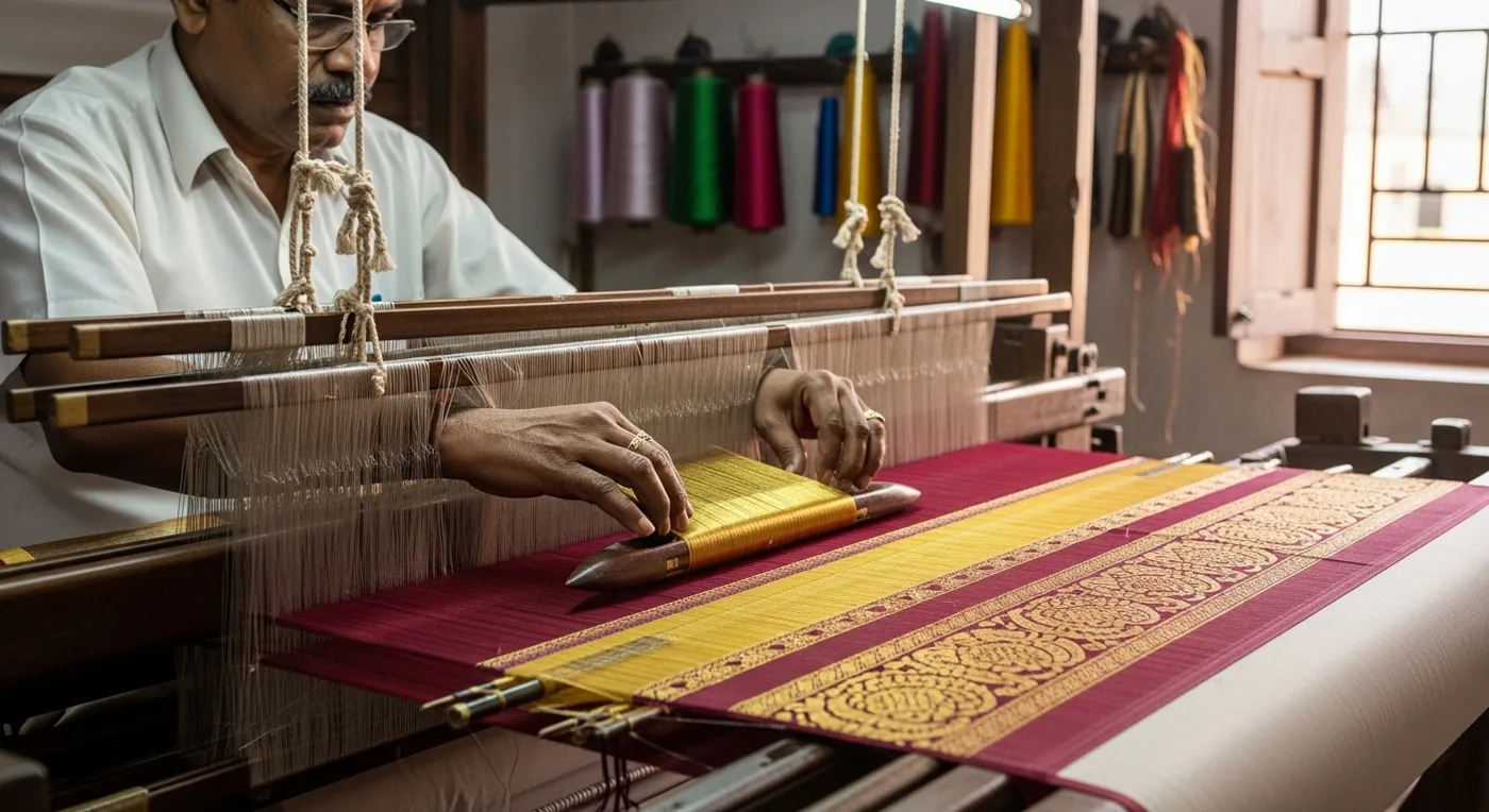 Kanchipuram silk saree weaver working on a traditional handloom in a weaving workshop