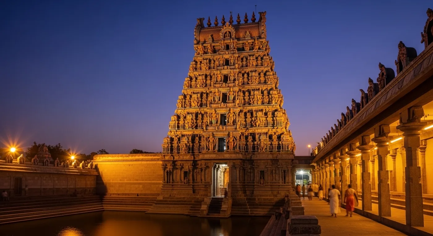 Evening view of a Kanchipuram temple gopuram illuminated during a wedding celebration