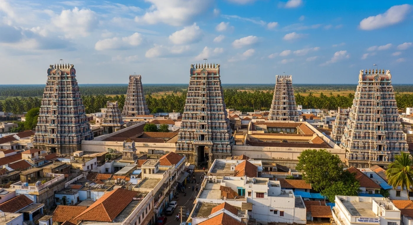 Aerial view of Kanchipuram temple gopurams rising above the city skyline