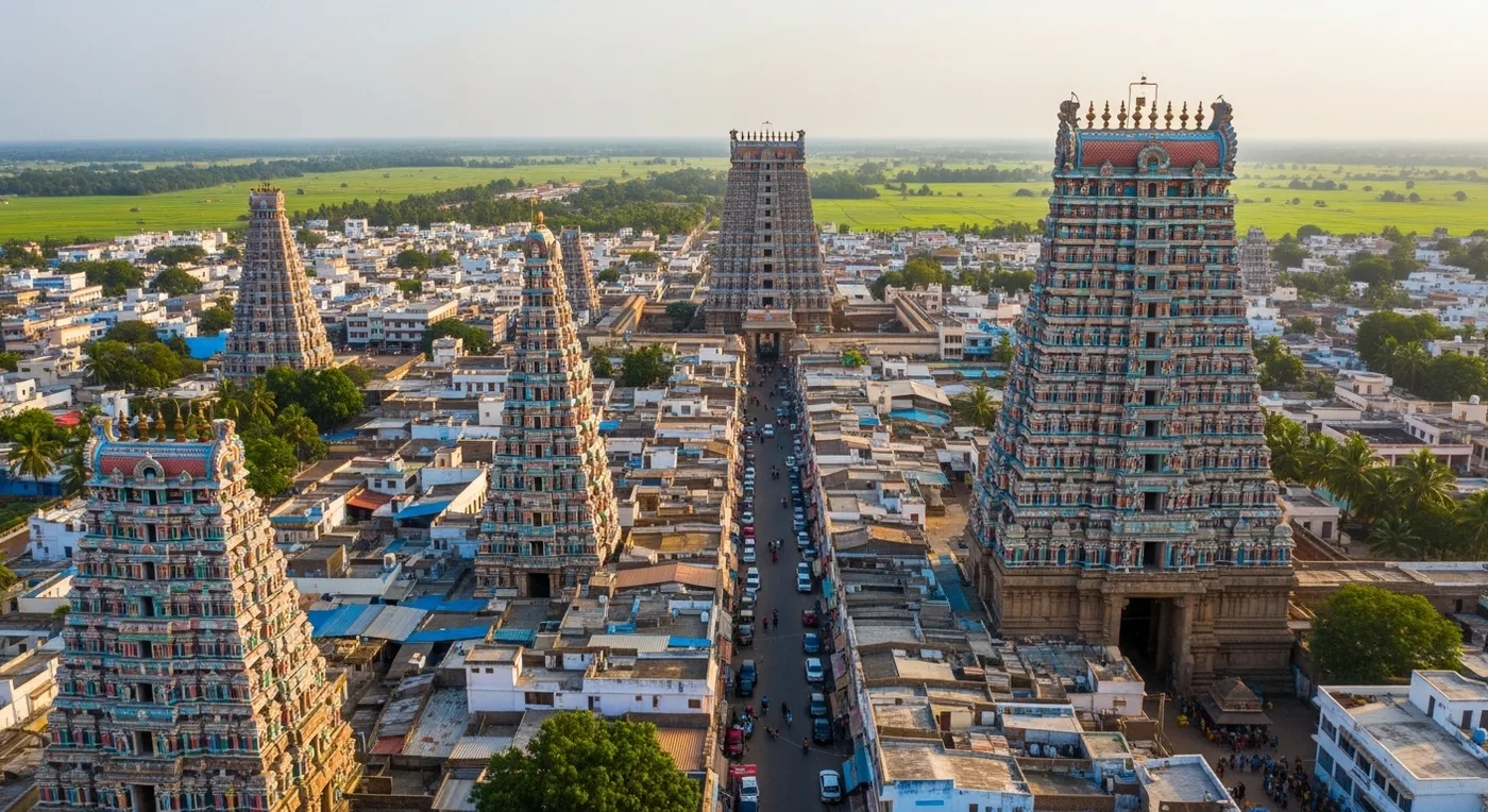 Aerial view of Kanchipuram temple town with ancient gopurams and surrounding kalyana mandapams